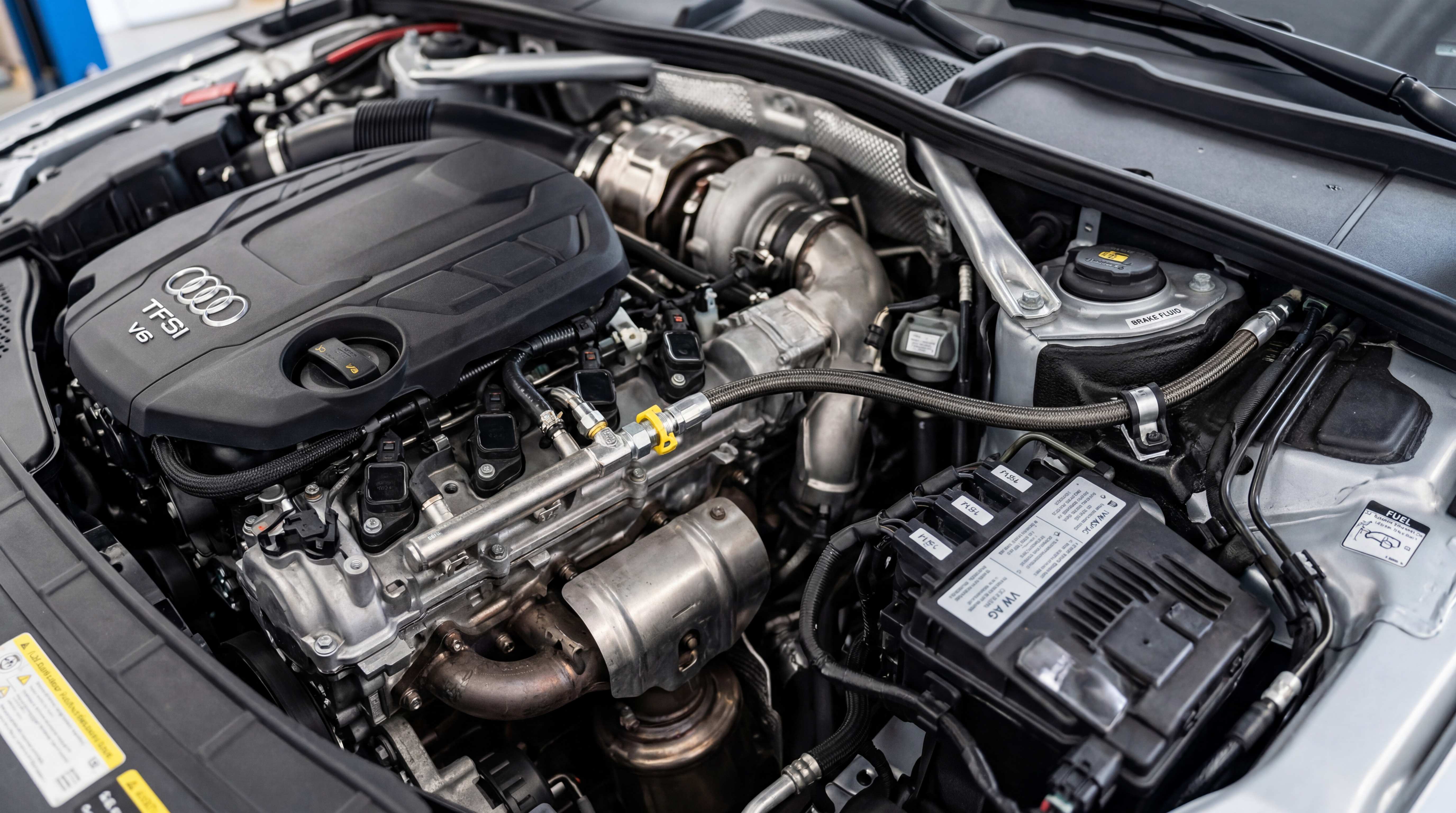Modern engine bay showing fuel line routing, fuel rail connections and high pressure fuel delivery components